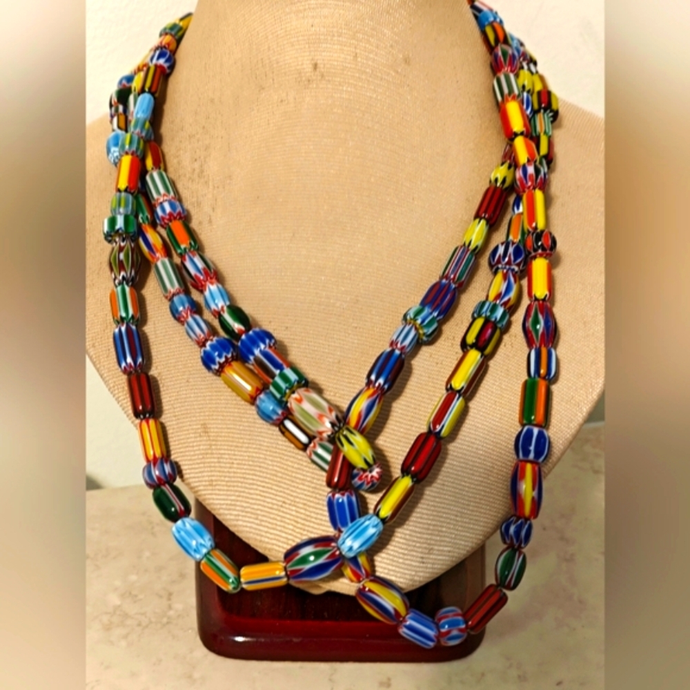 Vintage Colorful Italian Chevron Glass Long Flapper Necklace